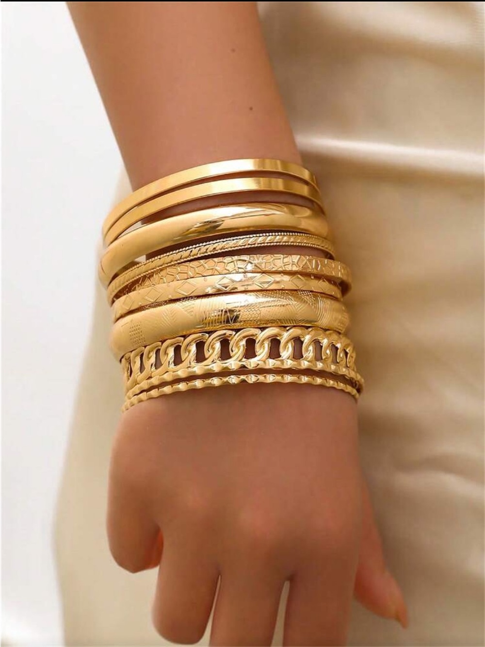 Yellow Gold Stacked Textured Rings - Women Jewelry